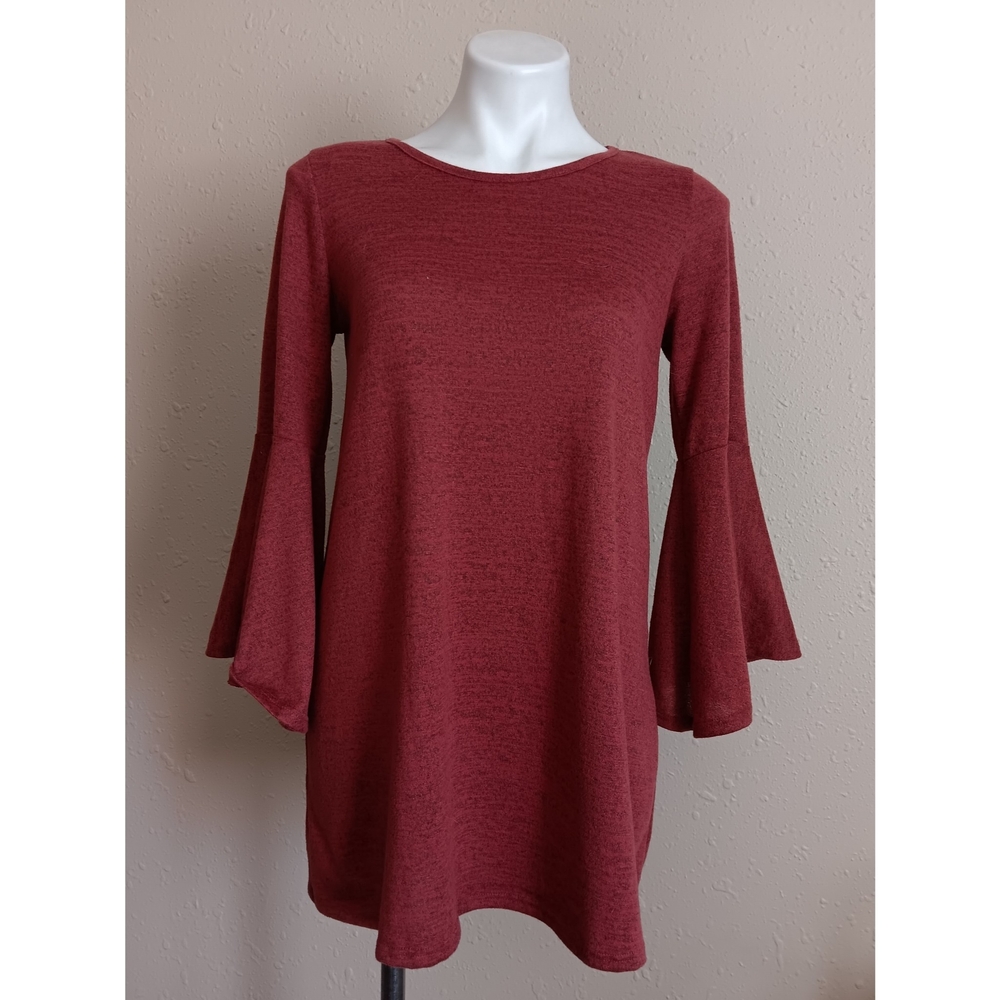 Women's Long Sleeve Bell Sleeve Tunic Dress in Burgundy